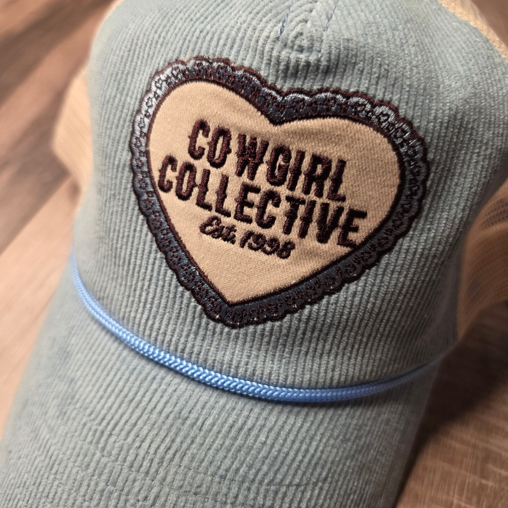 Cowgirl Collective Trucker Hat Women OS Blue Corduroy Excellent Heart Patch